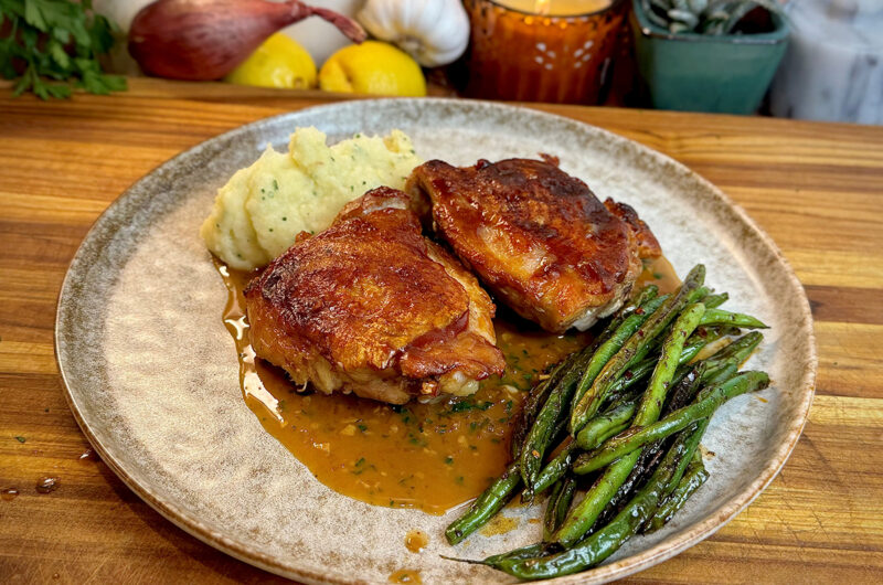 Chicken with Pan Sauce, Mashed Potatoes, Chili Crisp Green Beans
